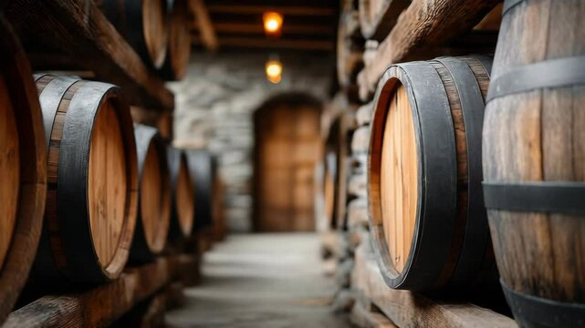 Wooden barrels stacked aging wine in rustic cellar with stone walls and soft interior lighting creating atmospheric mood, showcasing winery traditions
