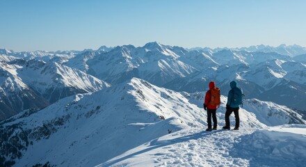 Mountain Peak Adventure - Two hikers stand atop a snow-covered mountain peak, enjoying a breathtaking panoramic view of a vast, majestic mountain range
