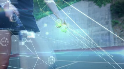 woman holding tennis ball analyzing sports technology data on court, showing AR lines and charts - Powered by Adobe