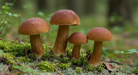 Four brown mushrooms with thick stalks grow in mossy forest ground. Nature scene of fungi in natural habitat