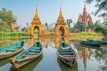 Ancient Temples and Boats Reflecting in Calm Water
