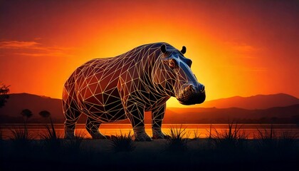 Fototapeta premium Majestic Hippopotamus Silhouette at Sunset African Wildlife Digital Art