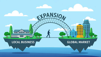 Bridging Horizons: A metaphoric representation of a lone individual confidently strides across a bridge, bridging the gap between a local business and the broader global market.