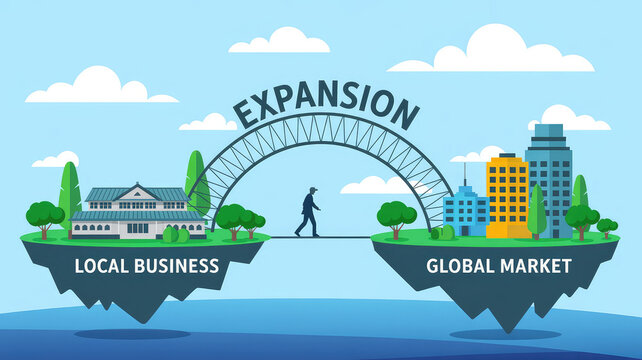 Bridging Horizons: A metaphoric representation of a lone individual confidently strides across a bridge, bridging the gap between a local business and the broader global market.