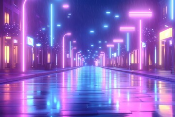 Neon-lit street in the rain
