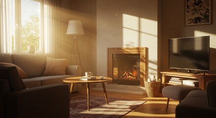 Fototapeta premium Living Room Interior with Fireplace