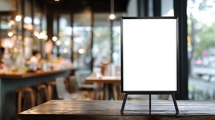 Poster mockup with black frame Isolated in front of blurred cafe background for showcasing promotions