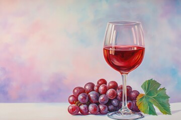 Artistic still life of red drink in glass beside grapes on pastel painted backdrop