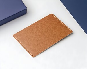 Fototapeta premium Tan leather card mock-up with stitching on white and blue background