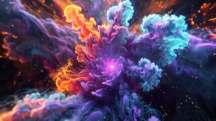 Abstract light patterns with neon colors. Dynamic and futuristic digital art. Abstract artwork of gradient vibrant color of cloud or smoke texture. Background for wallpaper, banner, and print. AIG53.