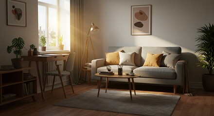 Fototapeta premium Living Room Interior with Sofa Desk and Plants