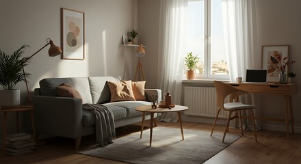 Living Room Interior with Sofa Desk Plants