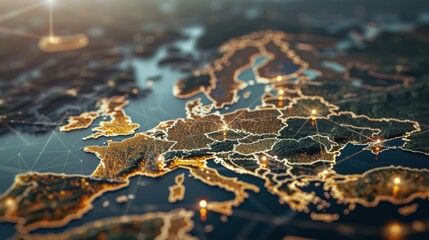 European union flag superimposed on a map of europe with a high tech binary background