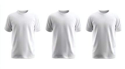 Three white mens tshirt 3D mockups Isolated on white background clean template for design or branding
