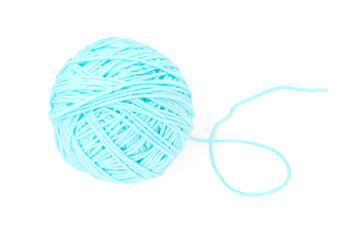 Ball of light blue yarn isolated on white, top view
