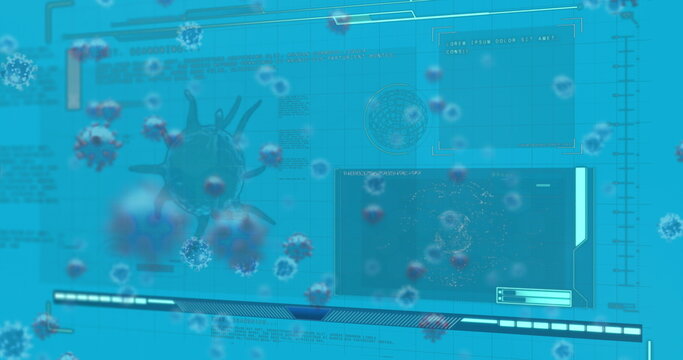 Displaying central large 3D virus model floating in digital interface, with holographic data panels