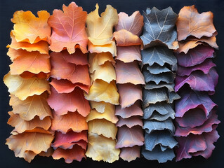 Fototapeta premium Autumnal leaf arrangement showcasing color gradients from warm golds to deep purples Layered leaves create texture