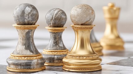 Ornate Gold and Gray Chess Pawns and Queen Close Up