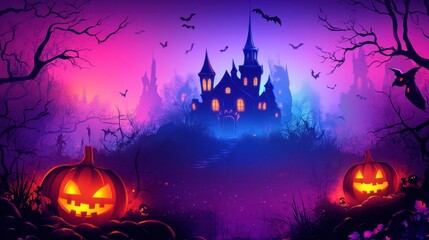Fototapeta premium Spooky Halloween night scene with glowing pumpkins, bats, and a haunted castle under a purple sky. Perfect for Halloween themes.