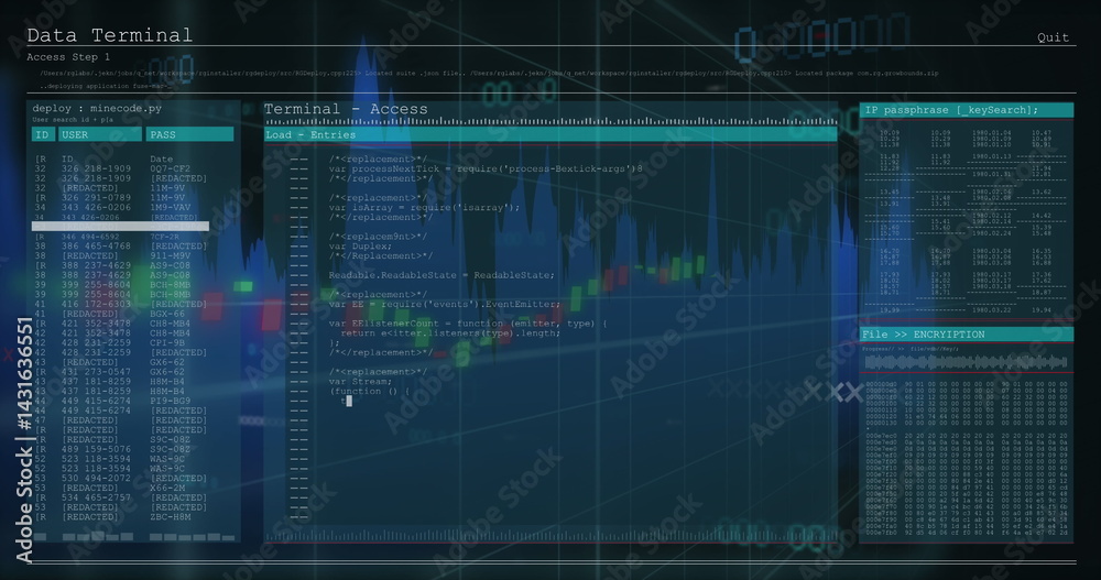 Poster financial data processing over computer interface with data processing against grey background