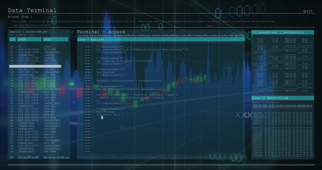 Financial data processing over computer interface with data processing against grey background