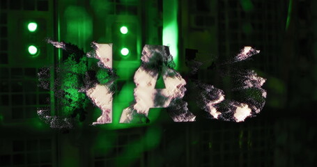 Uah symbol spinning against computer server room in background