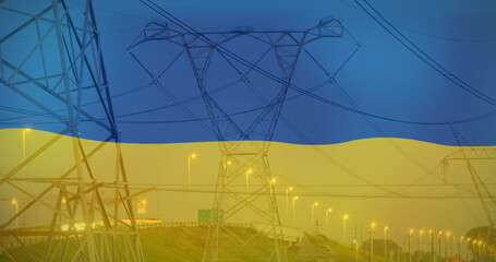 Fototapeta premium Image of flag of ukraine over pylons