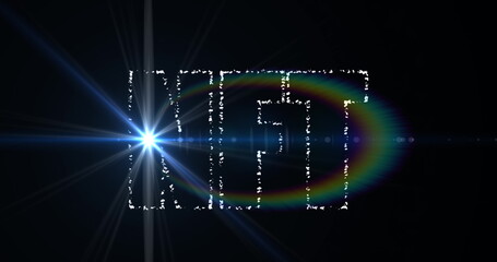 Digital image of nft text banner against spot of light and rainbow flare on black background