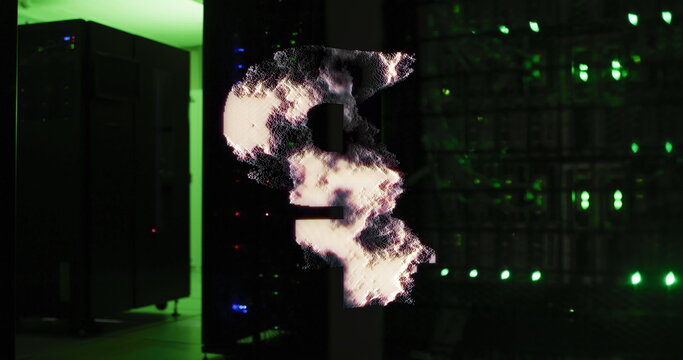 Pound symbol spinning against computer server room in background