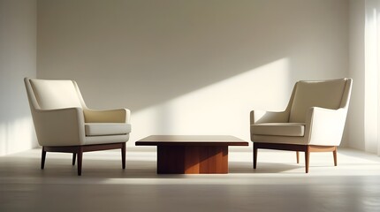 Minimal furniture concept. Minimalistic living room design featuring elegant chairs and soft lighting.