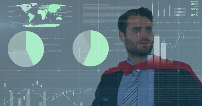 Statistical data processing over caucasian businessman in superhero costume against grey background - Powered by Adobe
