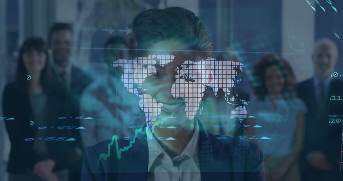 Stock market data processing over a world map against portrait of diverse businesspeople smiling