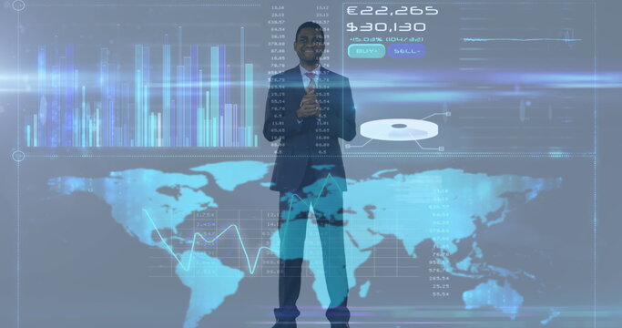 Digital interface with data processing against portrait of african american businessman standing