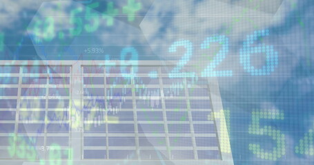 Image of financial data processing over solar panel