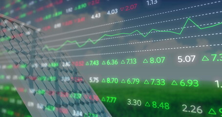 Image of financial data processing over solar panel