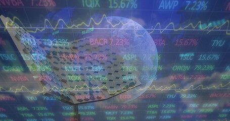 Image of financial data processing over globe and solar panel