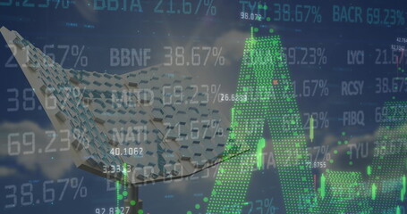 Image of financial data processing over solar panel