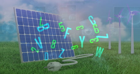 Image of data processing and letters over wind turbines and solar panel