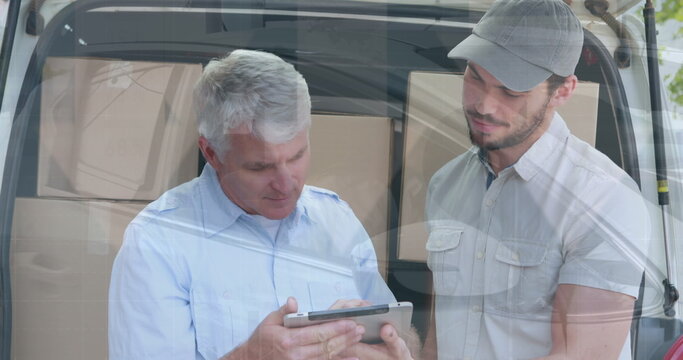 Image of financial graphs over happy caucasian male courier delivering package to senior man