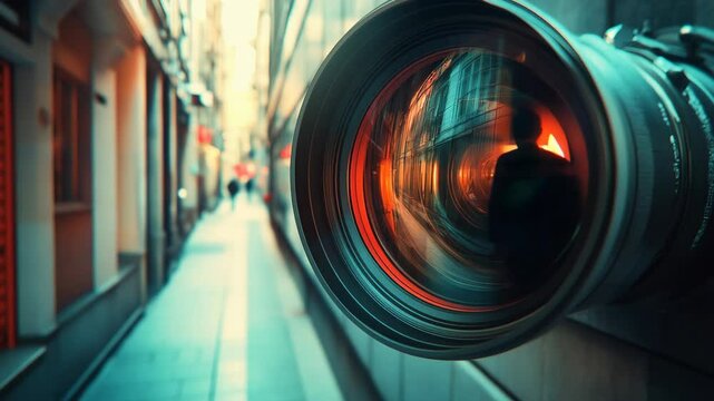 Large format camera lens reflects a cityscape with a blurry figure, creating an artistic photography concept with depth of field and teal and orange color grading.