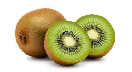 Fototapeta premium Freshly sliced kiwi fruit, showcasing the vibrant green flesh and tiny seeds in detail.