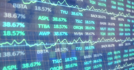 Image of financial data processing over solar panel