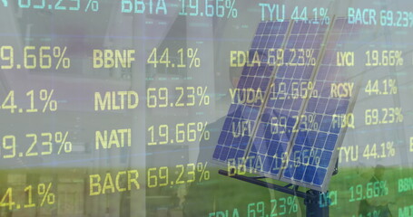 Image of stock market and diverse business people over solar panel