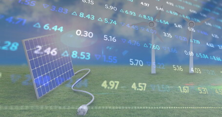 Image of financial data processing over wind turbines and solar panel