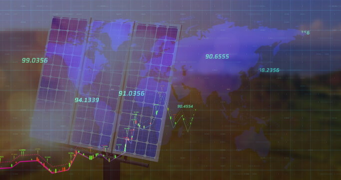 Image of financial data processing over world map and solar panel