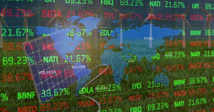 Image of financial data processing and world map over wind turbines and solar panel