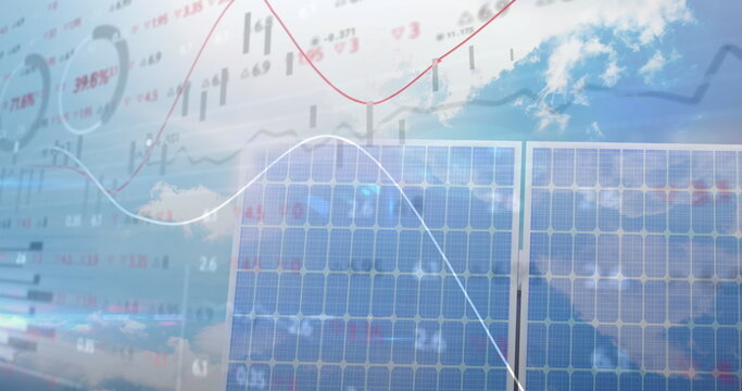 Image of financial data processing over solar panel