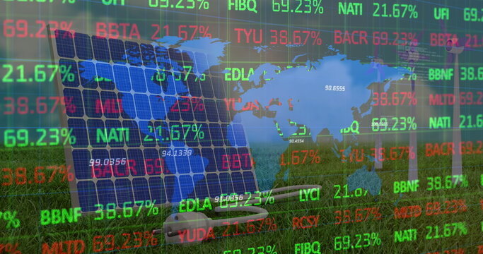 Image of financial data processing and world map over wind turbines and solar panel
