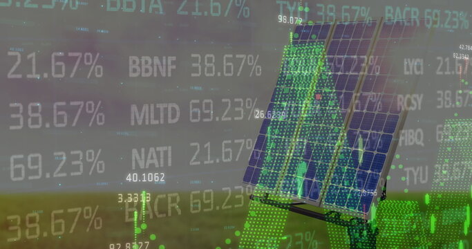 Image of financial data processing over solar panel