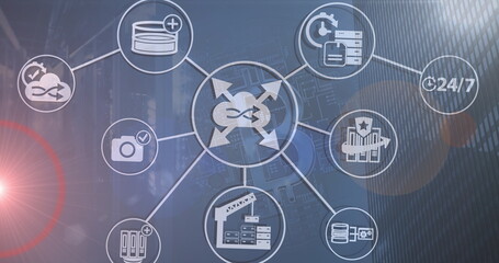 Image of network of connections with icons over server room